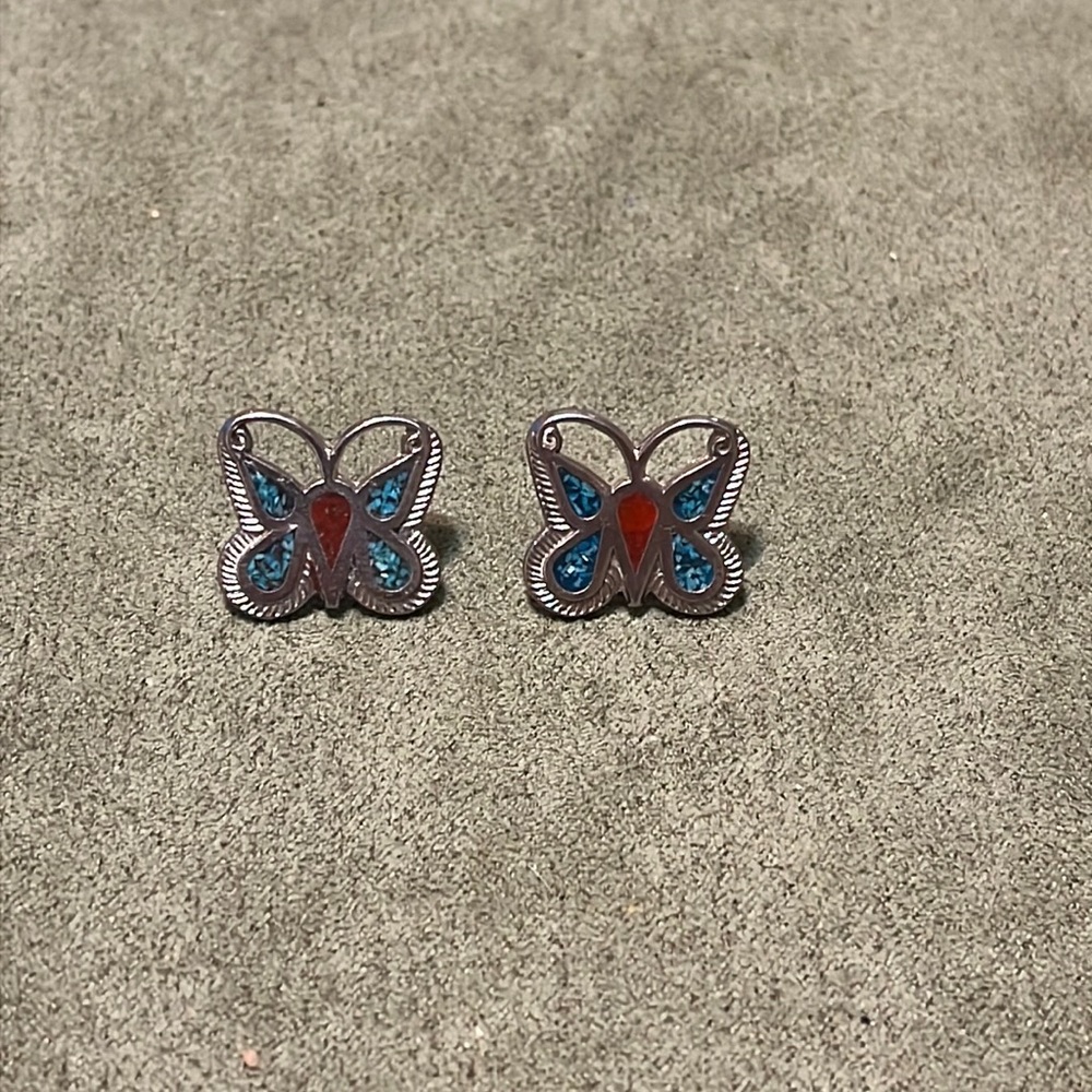 Vintage Silver Toned Turquoise/Dark Red Stone Inlayed Butterfly Pins